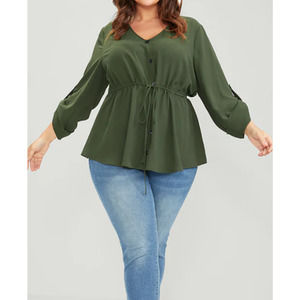 BLOOMCHIC 22-24 3x army green roll sleeve v neck drawstring waist top NWT B70